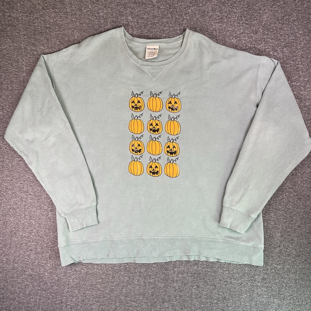 ComfortWash Sweater Womens XL‎ Green Pullover Pumpkin JackOlantern Halloween